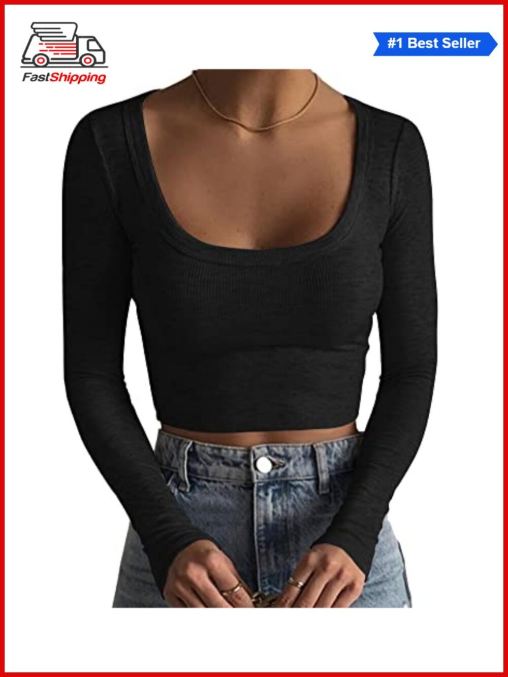 ✨Artfish Women's Square Neck Long Sleeve Ribbed Slim Fit Crop Top